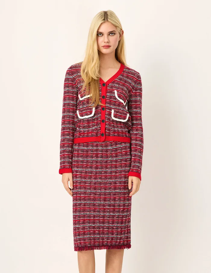 MARYLING Knitwear VNeck Red and White Checkered Tweed MultiPockets Knit Cardigan Red 8211 Women MARYLING Knitwear VNeck Red and White Checkered Tweed MultiPockets Knit Cardigan Red 8211 Women