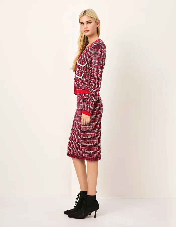 MARYLING Knitwear VNeck Red and White Checkered Tweed MultiPockets Knit Cardigan Red 8211 Women MARYLING Knitwear VNeck Red and White Checkered Tweed MultiPockets Knit Cardigan Red 8211 Women