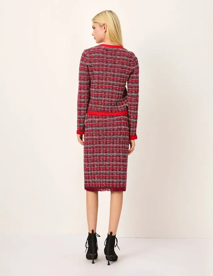 MARYLING Knitwear VNeck Red and White Checkered Tweed MultiPockets Knit Cardigan Red 8211 Women MARYLING Knitwear VNeck Red and White Checkered Tweed MultiPockets Knit Cardigan Red 8211 Women