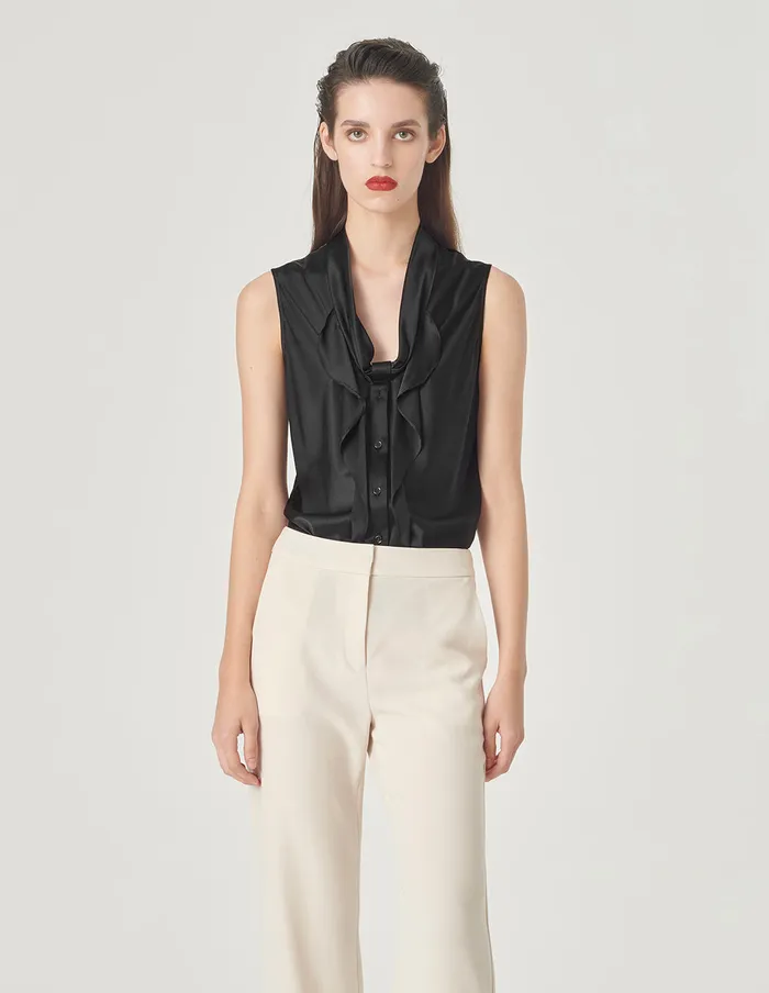 MARYLING Knitwear VNeck Silk Vest With Ruffles Chest Black 8211 Women MARYLING Knitwear VNeck Silk Vest With Ruffles Chest Black 8211 Women