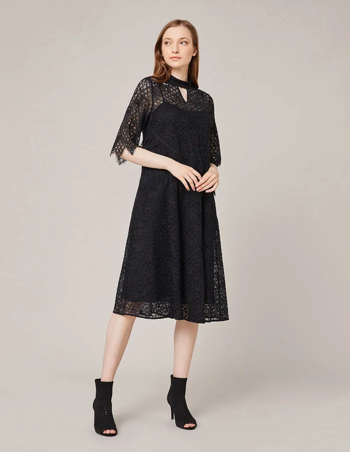 MARYLING Lace Dress HIGH COLLAR ALINE LACE DRESS Black 8211 Women