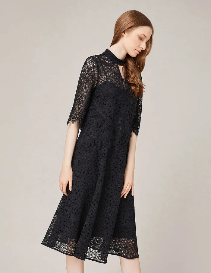 MARYLING Lace Dress HIGH COLLAR ALINE LACE DRESS Black 8211 Women MARYLING Lace Dress HIGH COLLAR ALINE LACE DRESS Black 8211 Women