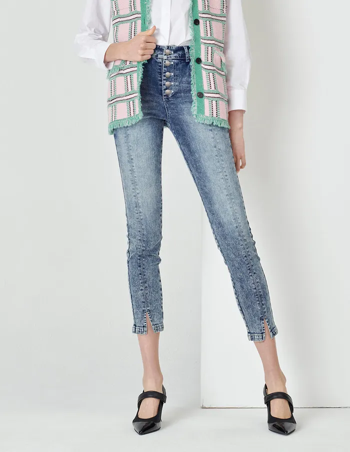 MARYLING Pants and Shorts Denim Blue Metal Decorative Buckle Skinny Denim Cropped Pants Blue 8211 Women MARYLING Pants and Shorts Denim Blue Metal Decorative Buckle Skinny Denim Cropped Pants Blue 8211 Women