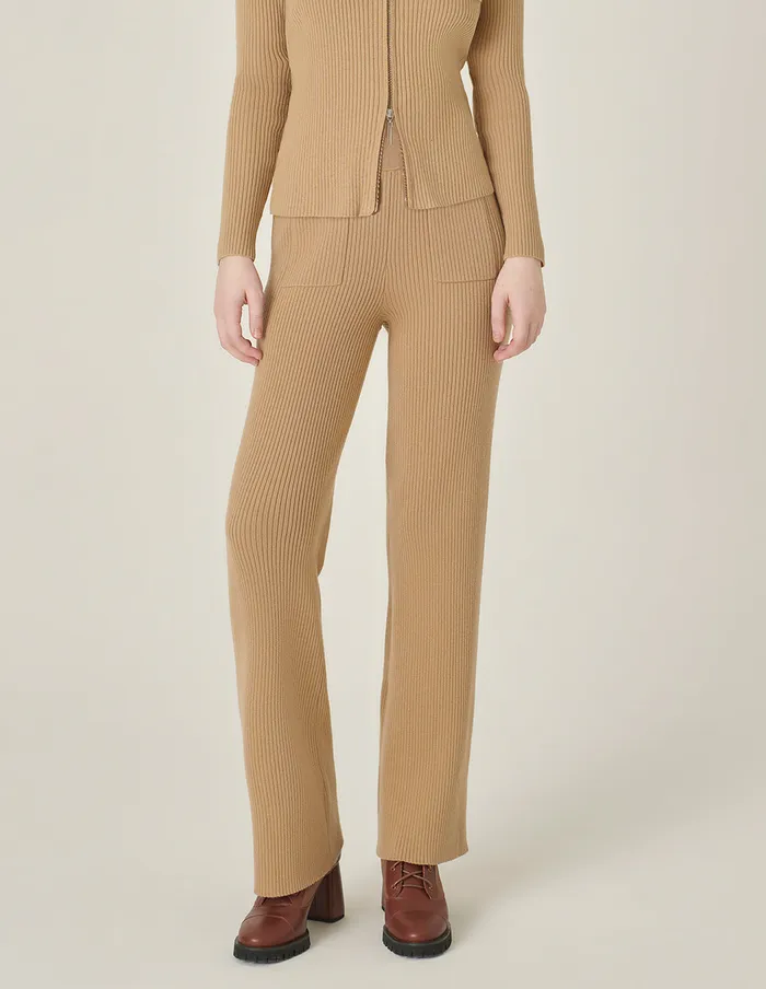 MARYLING Pants and Shorts Straight WideLeg Apricot Pocket Knitted Trousers Sand 8211 Women MARYLING Pants and Shorts Straight WideLeg Apricot Pocket Knitted Trousers Sand 8211 Women