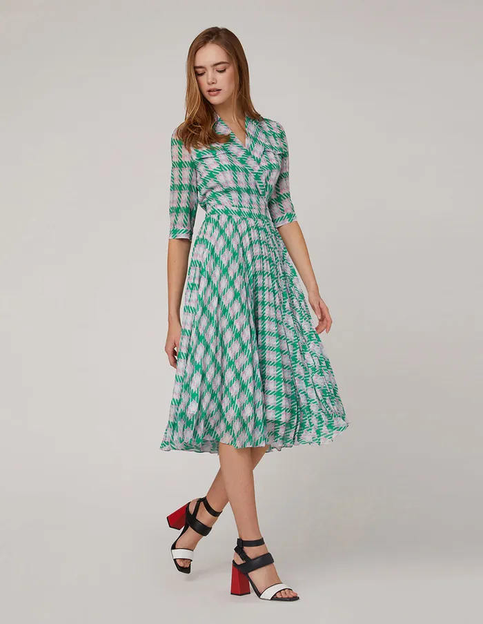 MARYLING Printed Dress Notch Lapel Check Pleated Dress Teal 8211 Women