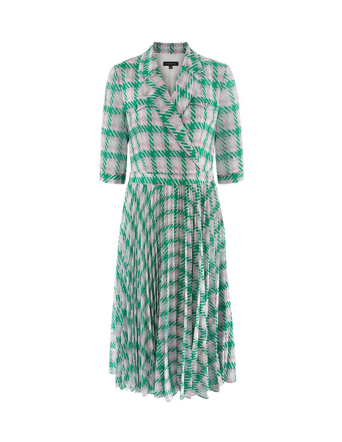 MARYLING Printed Dress Notch Lapel Check Pleated Dress Teal 8211 Women MARYLING Printed Dress Notch Lapel Check Pleated Dress Teal 8211 Women