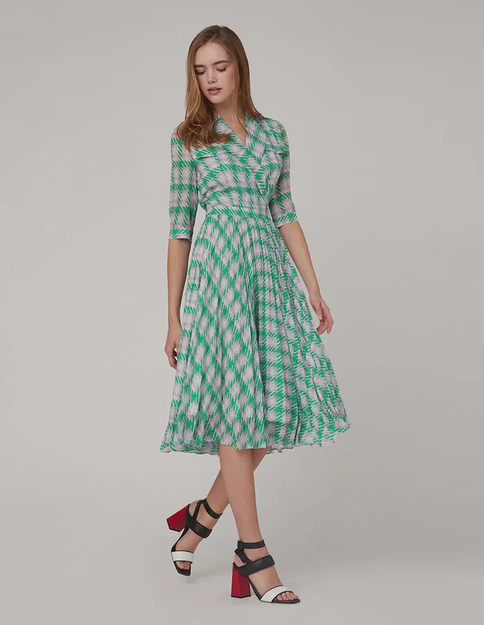 MARYLING Printed Dress Notch Lapel Check Pleated Dress Teal 8211 Women MARYLING Printed Dress Notch Lapel Check Pleated Dress Teal 8211 Women