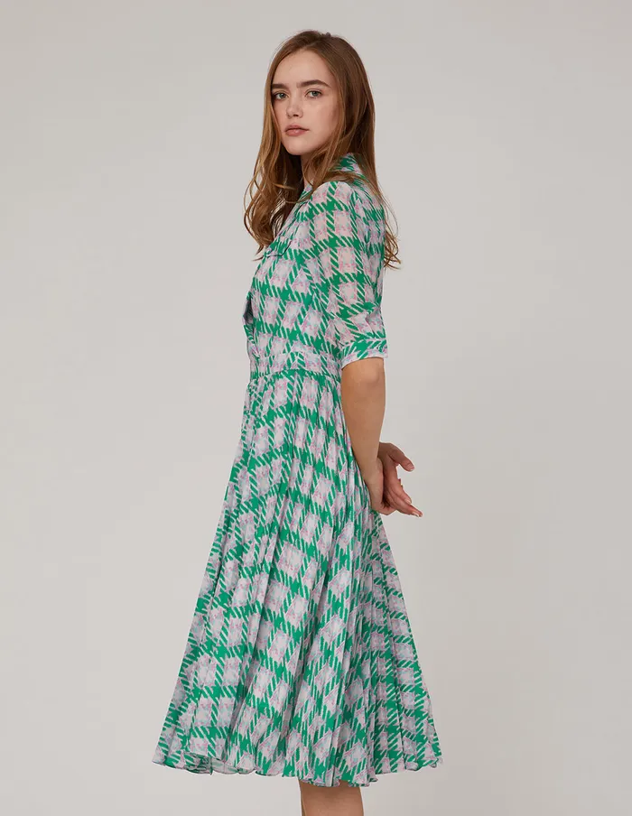 MARYLING Printed Dress Notch Lapel Check Pleated Dress Teal 8211 Women MARYLING Printed Dress Notch Lapel Check Pleated Dress Teal 8211 Women