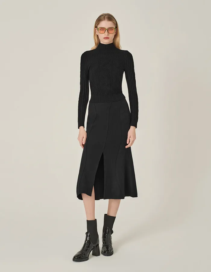 MARYLING Skirts Black Curved Hem SplitFront Midi Skirt Black 8211 Women