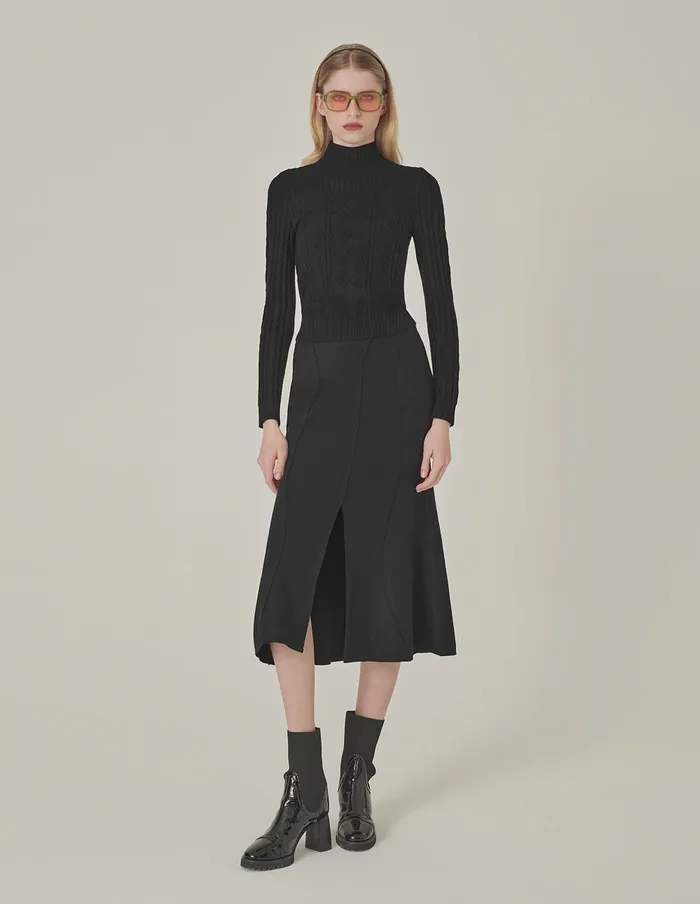 MARYLING Skirts Black Curved Hem SplitFront Midi Skirt Black 8211 Women MARYLING Skirts Black Curved Hem SplitFront Midi Skirt Black 8211 Women