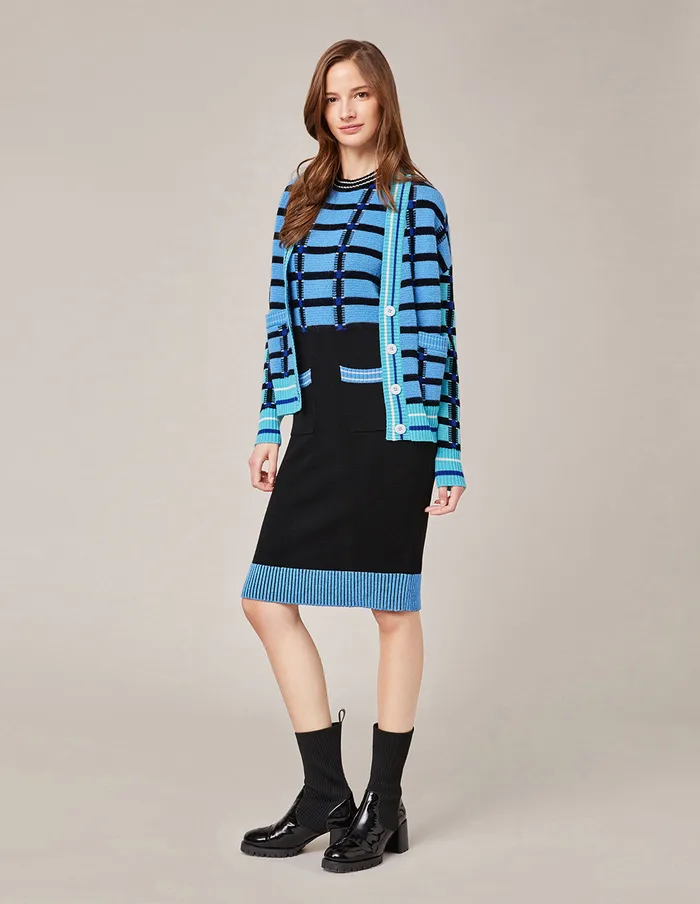 MARYLING Slip Dress CREW NECK SLEEVELESS CHECK KNITTED DRESS Deep Sky Blue 8211 Women MARYLING Slip Dress CREW NECK SLEEVELESS CHECK KNITTED DRESS Deep Sky Blue 8211 Women
