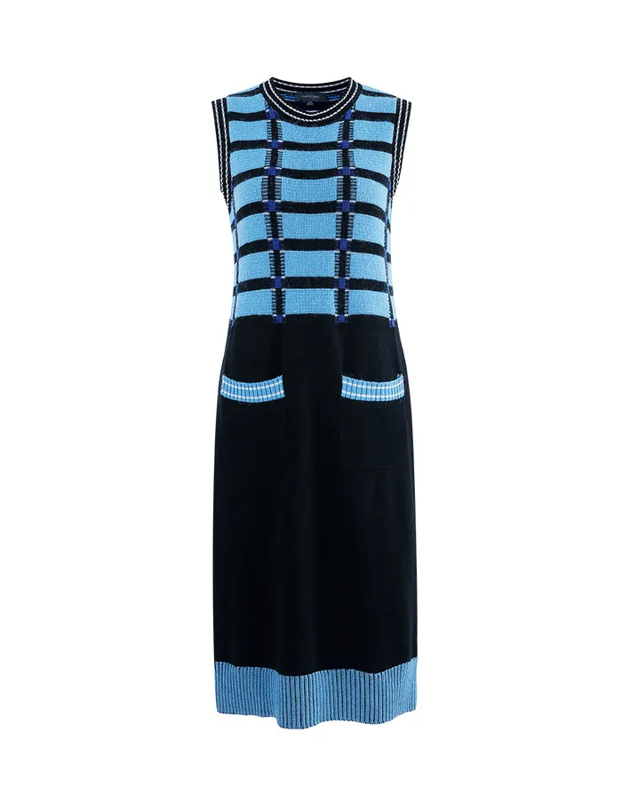 MARYLING Slip Dress CREW NECK SLEEVELESS CHECK KNITTED DRESS Deep Sky Blue 8211 Women MARYLING Slip Dress CREW NECK SLEEVELESS CHECK KNITTED DRESS Deep Sky Blue 8211 Women