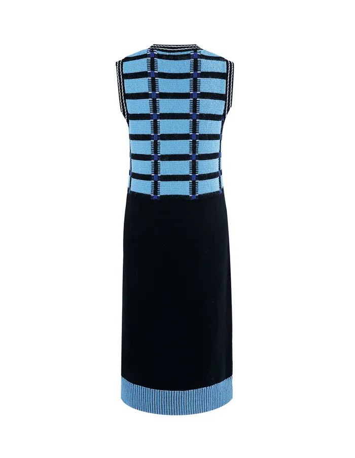 MARYLING Slip Dress CREW NECK SLEEVELESS CHECK KNITTED DRESS Deep Sky Blue 8211 Women MARYLING Slip Dress CREW NECK SLEEVELESS CHECK KNITTED DRESS Deep Sky Blue 8211 Women