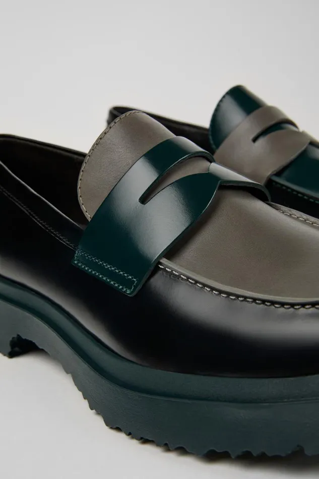Men Camper Formal Shoes Twins Black And Gray Leather Loafers