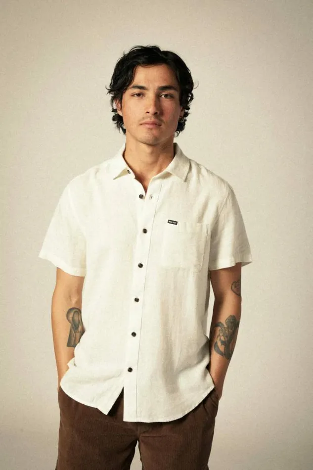 Men Charter Organic Cotton Linen Blend SS Shirt Egret White Brixton Button Ups