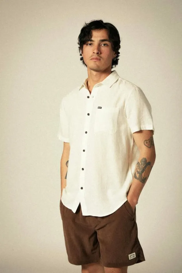 Men Charter Organic Cotton Linen Blend SS Shirt Egret White Brixton Button Ups