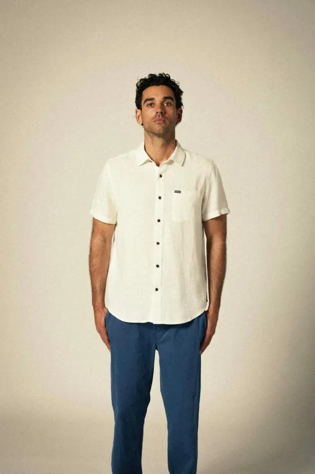 Men Charter Organic Cotton Linen Blend SS Shirt Egret White Brixton Button Ups