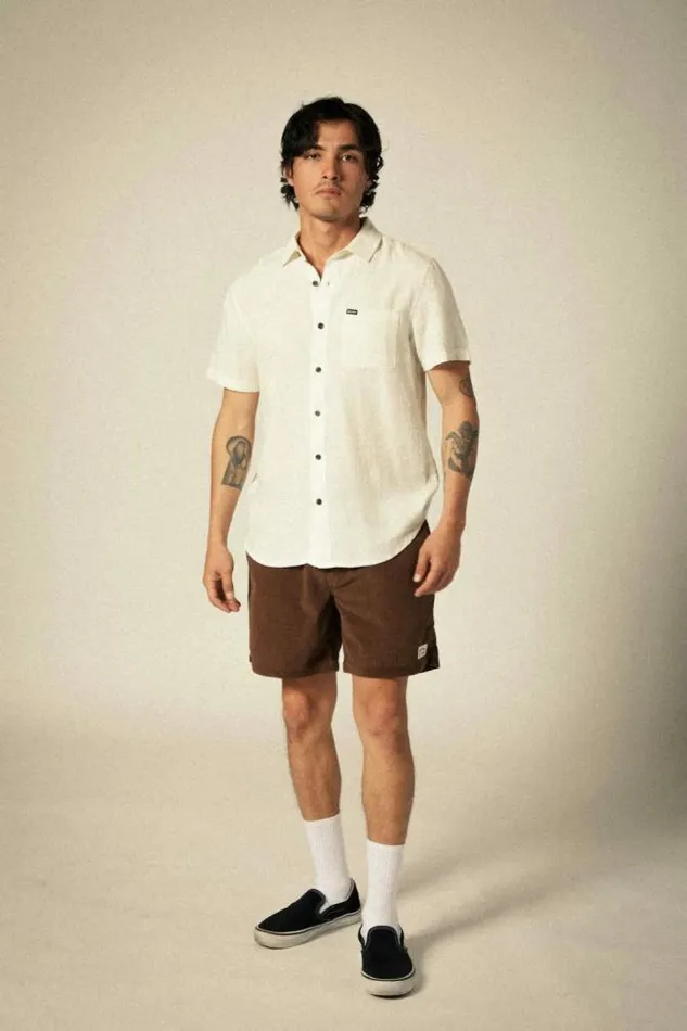 Men Charter Organic Cotton Linen Blend SS Shirt Egret White Brixton Button Ups