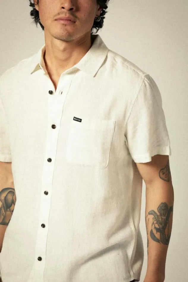 Men Charter Organic Cotton Linen Blend SS Shirt Egret White Brixton Button Ups