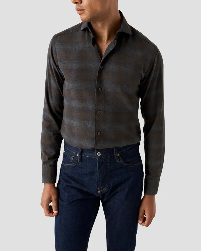 Men Checked Flannel Shirt Blue Eton Casual Shirts