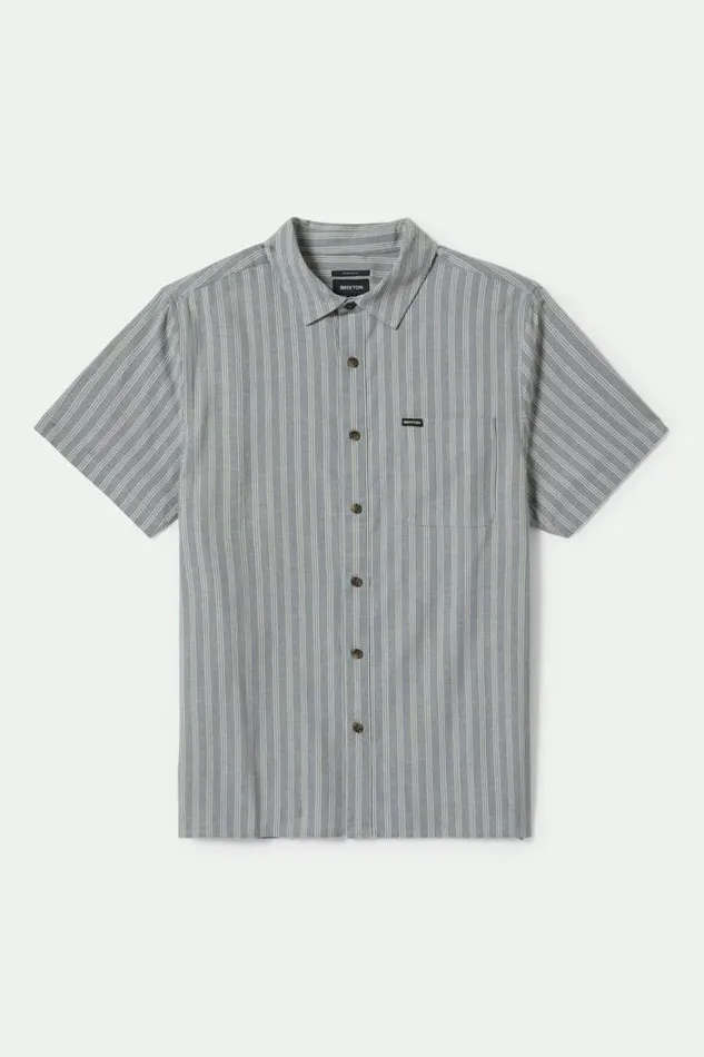 Men CRU Oxford Stripe SS Shirt Basalt Bluewhitcap Stripe Brixton Button Ups