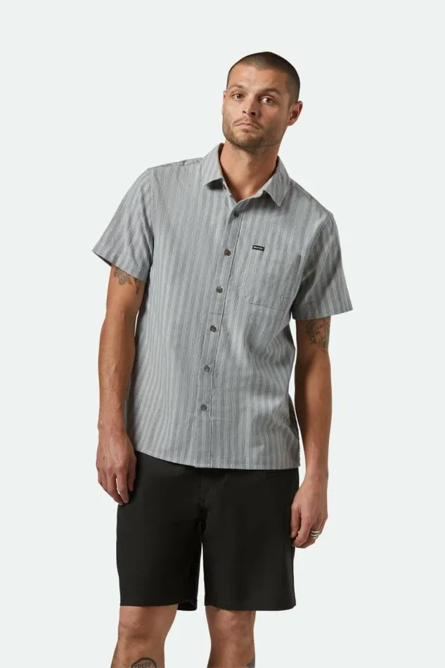 Men CRU Oxford Stripe SS Shirt Basalt Bluewhitcap Stripe Brixton Button Ups