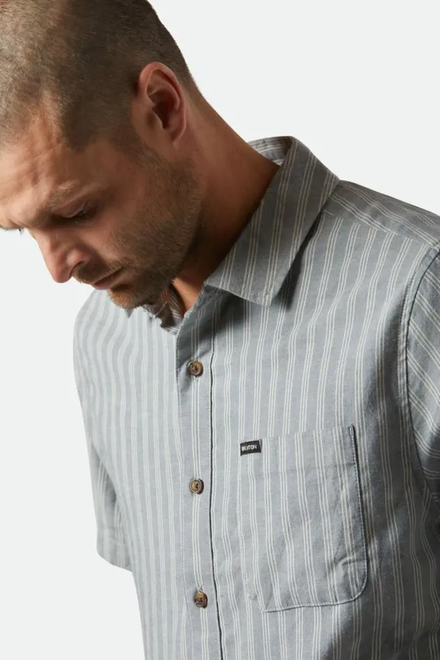 Men CRU Oxford Stripe SS Shirt Basalt Bluewhitcap Stripe Brixton Button Ups