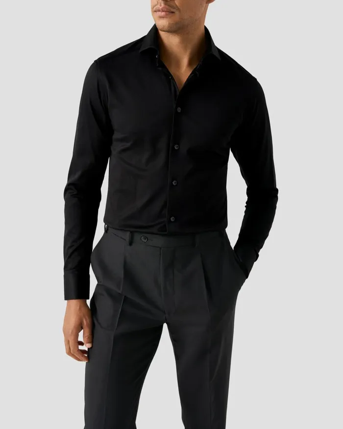 Men Filo Di Scotia Knitted Jaquard Shirt Black Eton Casual Shirts