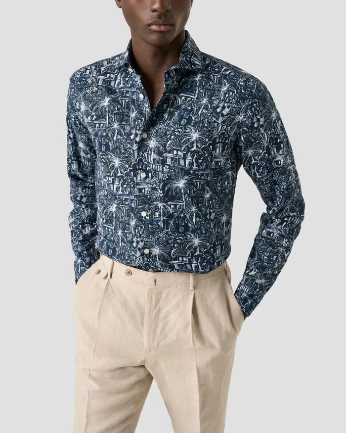 Men Floral Print Shirt Blue Eton Casual Shirts