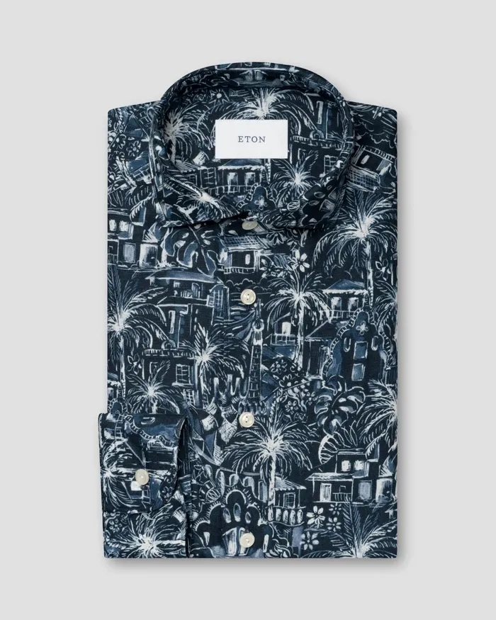 Men Floral Print Shirt Blue Eton Casual Shirts Men Floral Print Shirt Blue Eton Casual Shirts