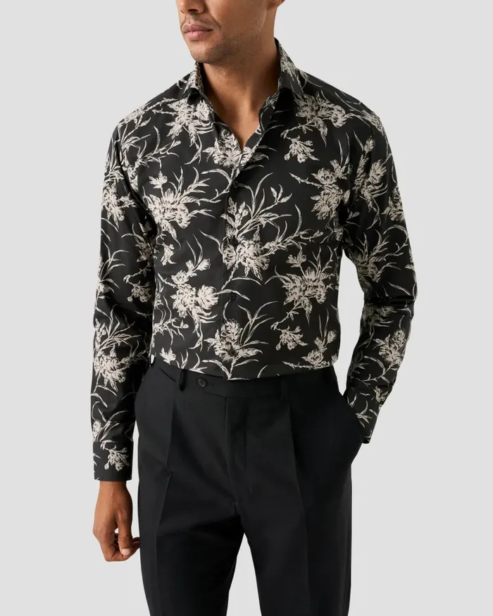 Men Floral Signature Twill Shirt Black Eton Dress Shirts