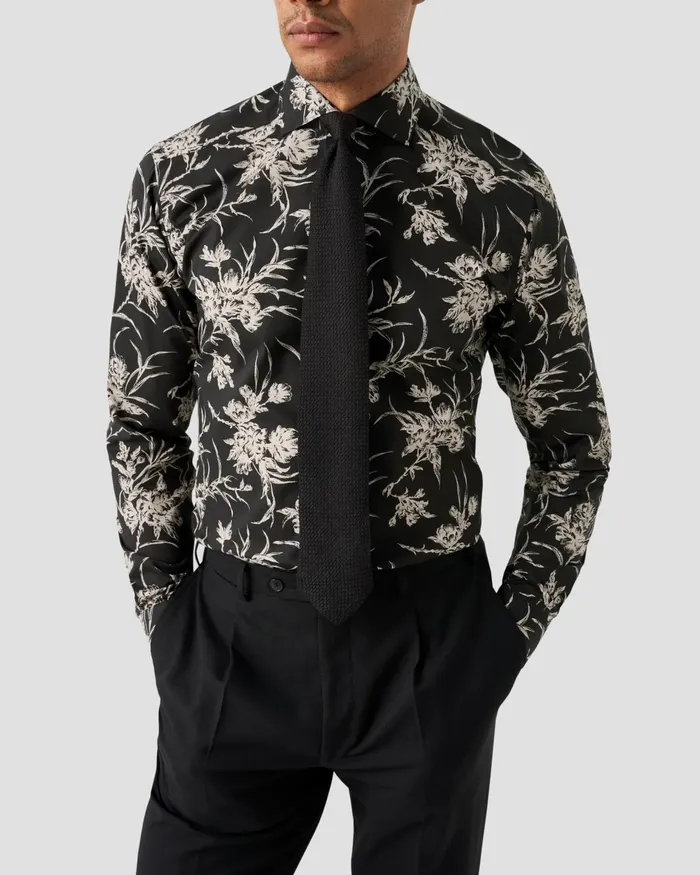 Men Floral Signature Twill Shirt Black Eton Dress Shirts Men Floral Signature Twill Shirt Black Eton Dress Shirts