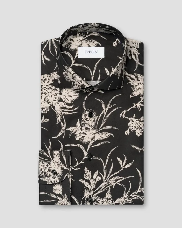 Men Floral Signature Twill Shirt Black Eton Dress Shirts Men Floral Signature Twill Shirt Black Eton Dress Shirts