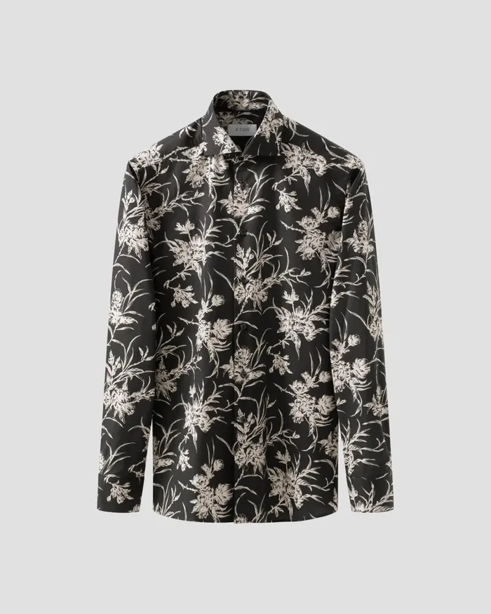 Men Floral Signature Twill Shirt Black Eton Dress Shirts Men Floral Signature Twill Shirt Black Eton Dress Shirts