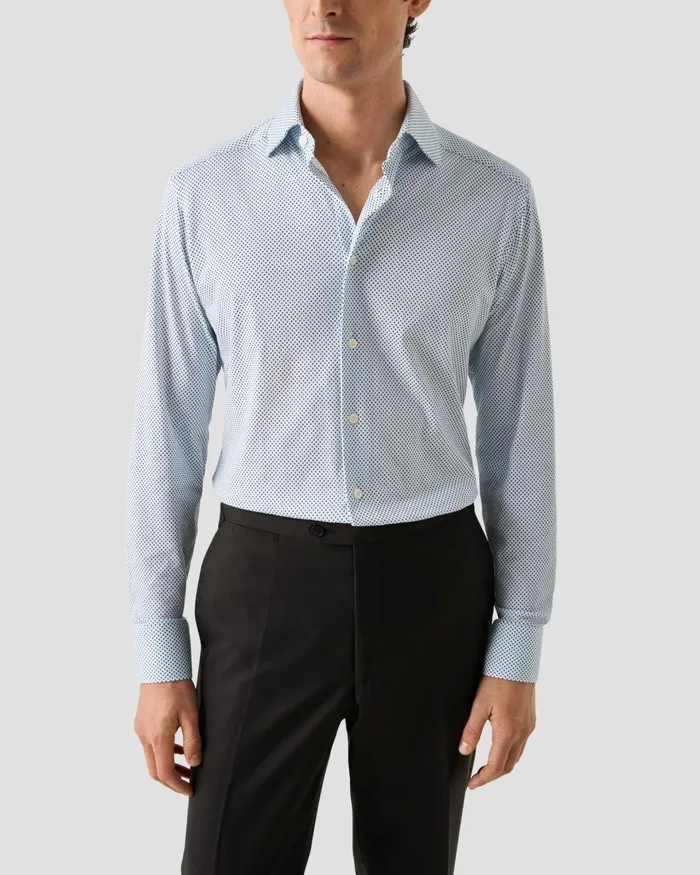 Men Geometric Cotton Fourway Stretch Shirt Blue Eton Dress Shirts