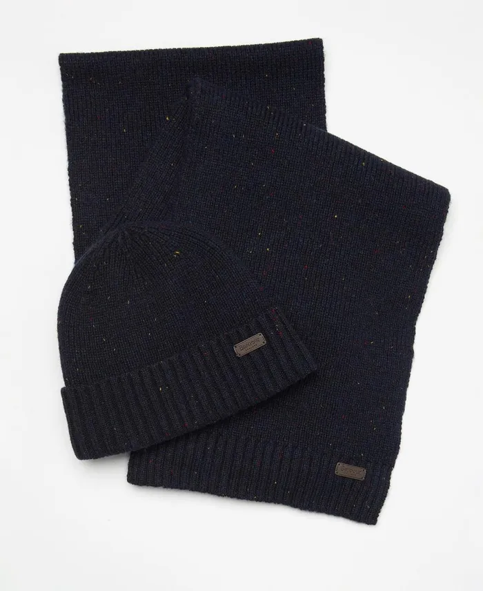 Men Hats Barbour Carlton Fleck Beanie and Scarf Gift Set Navy