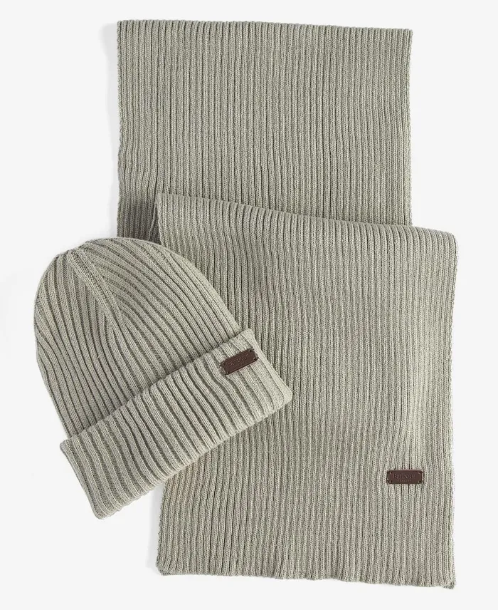 Men Hats Barbour Crimdon Beanie and Scarf Gift Set Grey