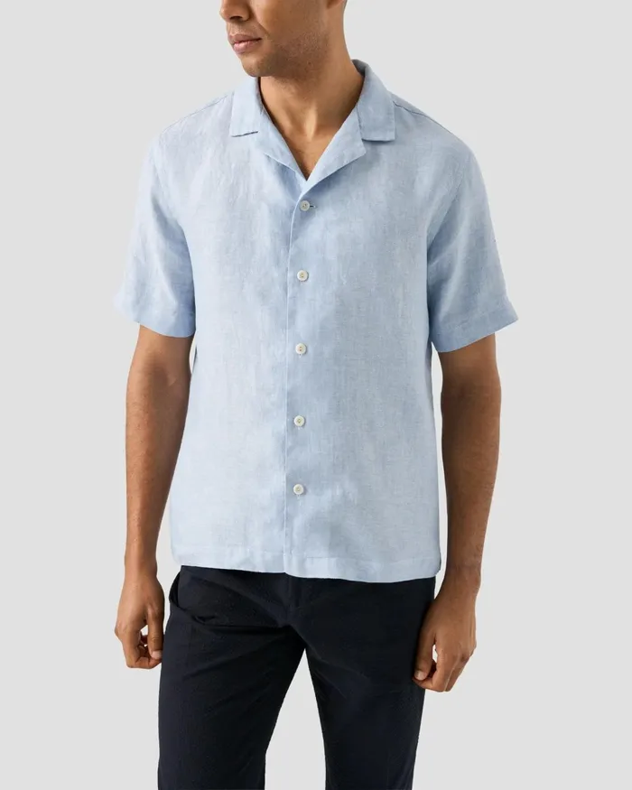 Men Linen Twill Resort Shirt Blue Eton Casual Shirts