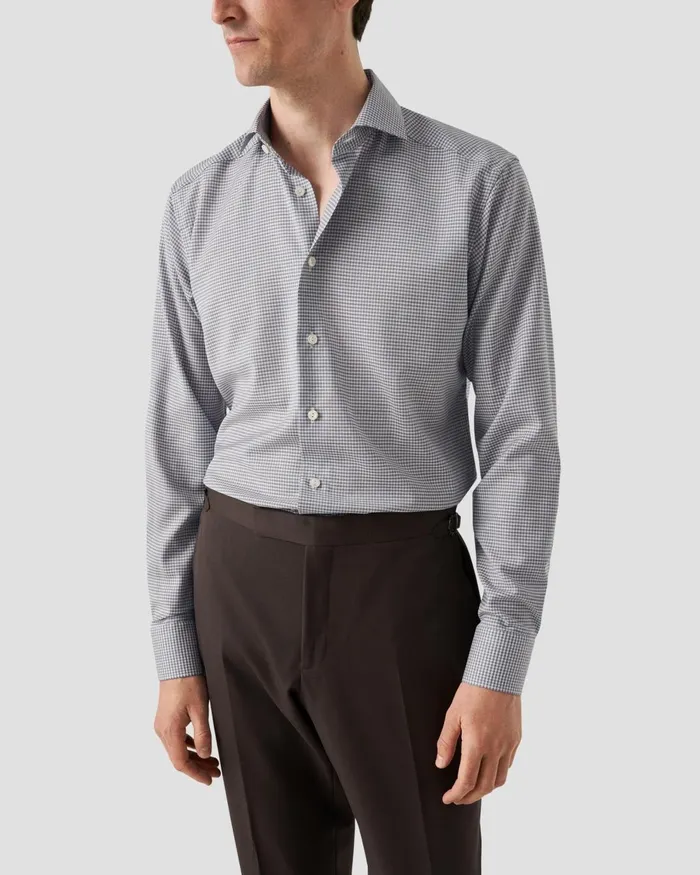 Men Micro Check Merino Wool Shirt Blue Eton Dress Shirts