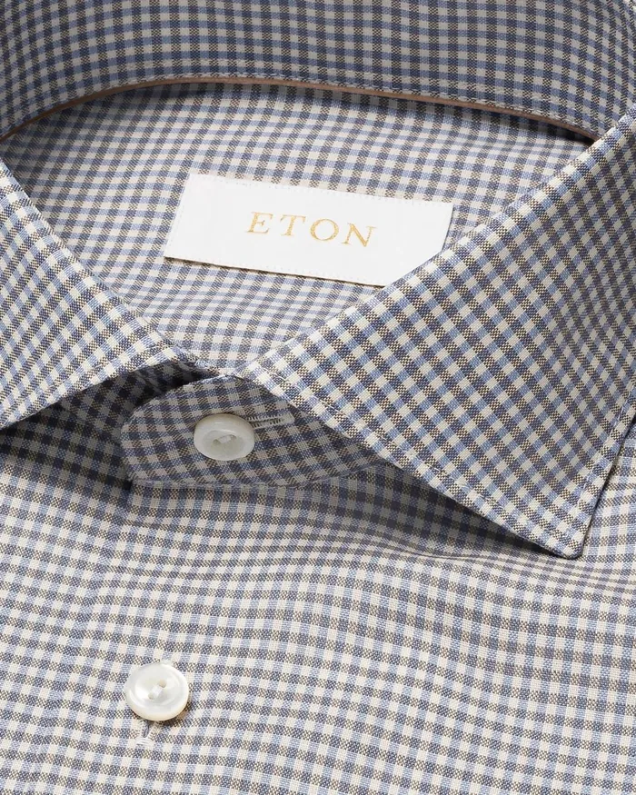 Men Micro Check Merino Wool Shirt Blue Eton Dress Shirts Men Micro Check Merino Wool Shirt Blue Eton Dress Shirts