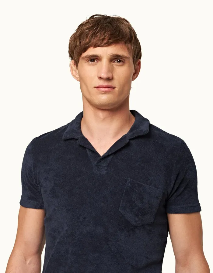 Men Orlebar Brown Polo Shirts Terry Towelling Navy