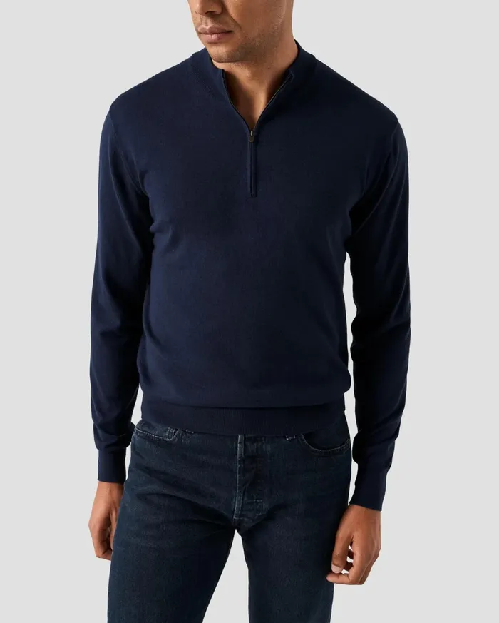 Men Quarter Zip Sweater Blue Eton Knitwear