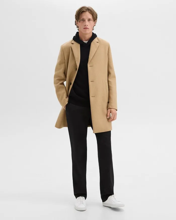 Men Theory Outerwear 3Button Topcoat In Recycled WoolBlend Melton New Camel