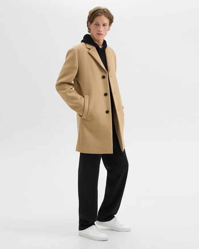 Men Theory Outerwear 3Button Topcoat In Recycled WoolBlend Melton New Camel