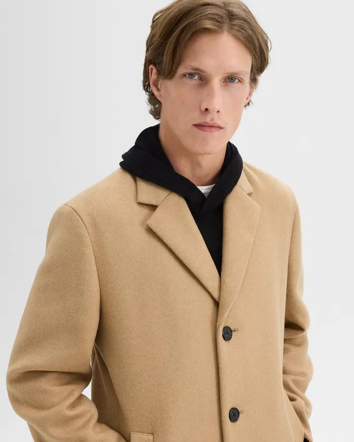 Men Theory Outerwear 3Button Topcoat In Recycled WoolBlend Melton New Camel
