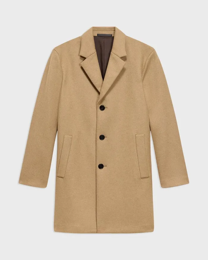 Men Theory Outerwear 3Button Topcoat In Recycled WoolBlend Melton New Camel