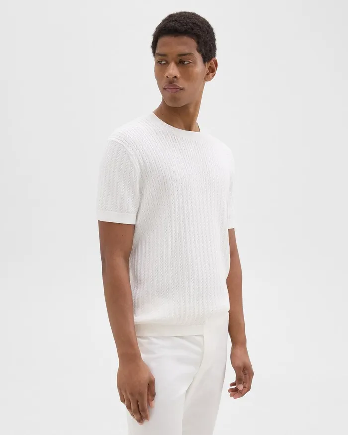 Men Theory Sweaters Cardigans Cable Knit Tee In Cotton Ivory