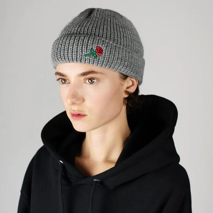 MenWomen BEANIES CAPS and SCARVES Vertere Berlin SHORT WOOL BEANIE ROSE EMBROIDERY 8211 LIGHTGREY