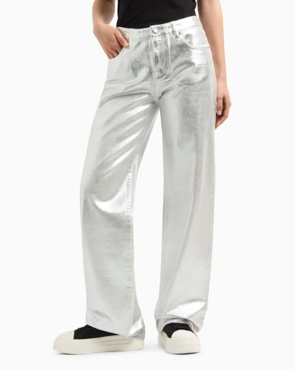 Metallic Stiff Cotton Trousers Silver Women Armani Matching Sets Metallic Stiff Cotton Trousers Silver Women Armani Matching Sets
