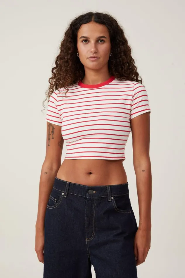 Micro Crop Tee Kyle Stripe Porcelainfiery Red Women Cotton On Tops